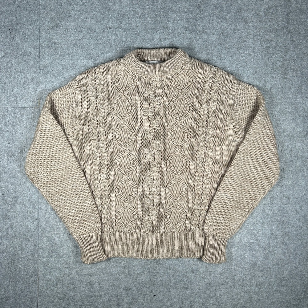 Sears Sweater Mens 46 Tan Cable Knit Vintage Acrylic Crewneck Retro